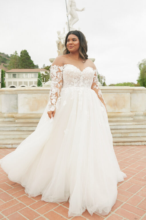 Stella York Style 8012 romantic lace tulle ballgown with off‑the‑shoulder long sleeves and sweetheart neckline